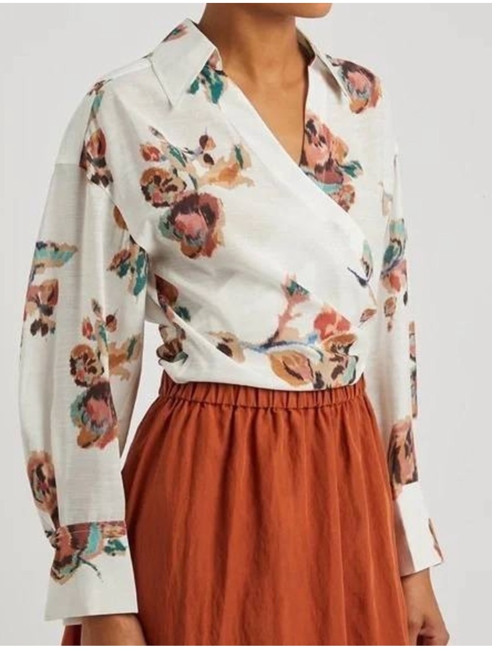 Vince Ikat Floral Gauze Wrap Cropped Blouse
